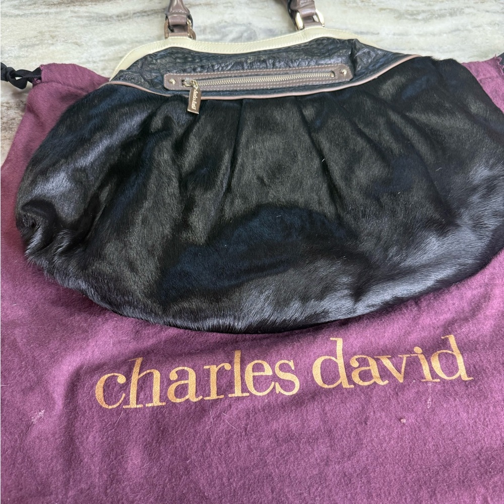 Charles David Fur-Trimmed Black and Cream Hobo Bag